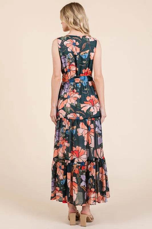 Lime 'N' Chili Floral Print Sleeveless Tie Waist Maxi Dress - Veloro