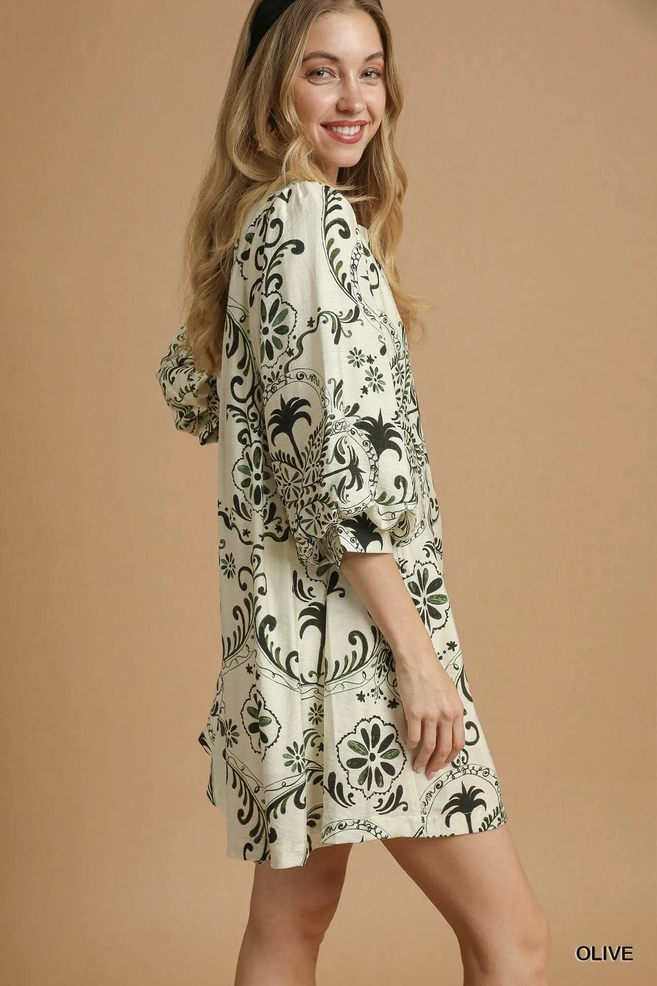 Umgee Boho Printed Balloon Sleeve Mini Dress - Veloro