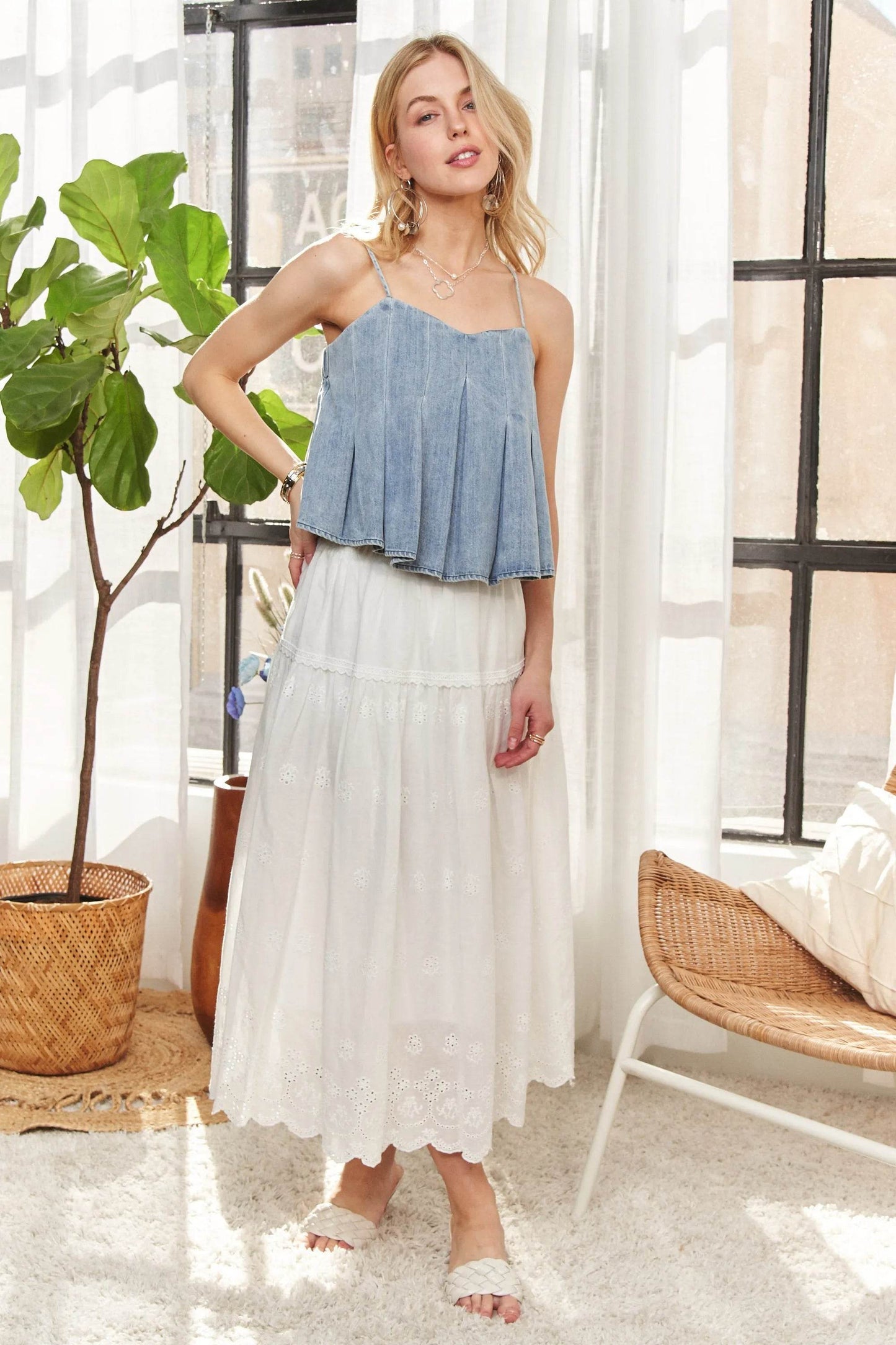 ADORA Front Pleated Washed Denim Crop Top - Veloro