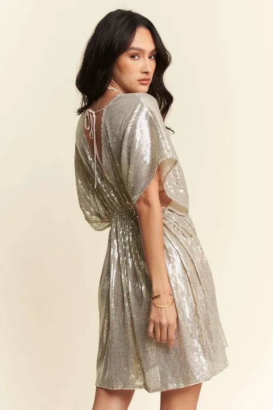 Davi & Dani Sequin Plunge Neck Knot Cut Out Tie Back Party Dress - Veloro