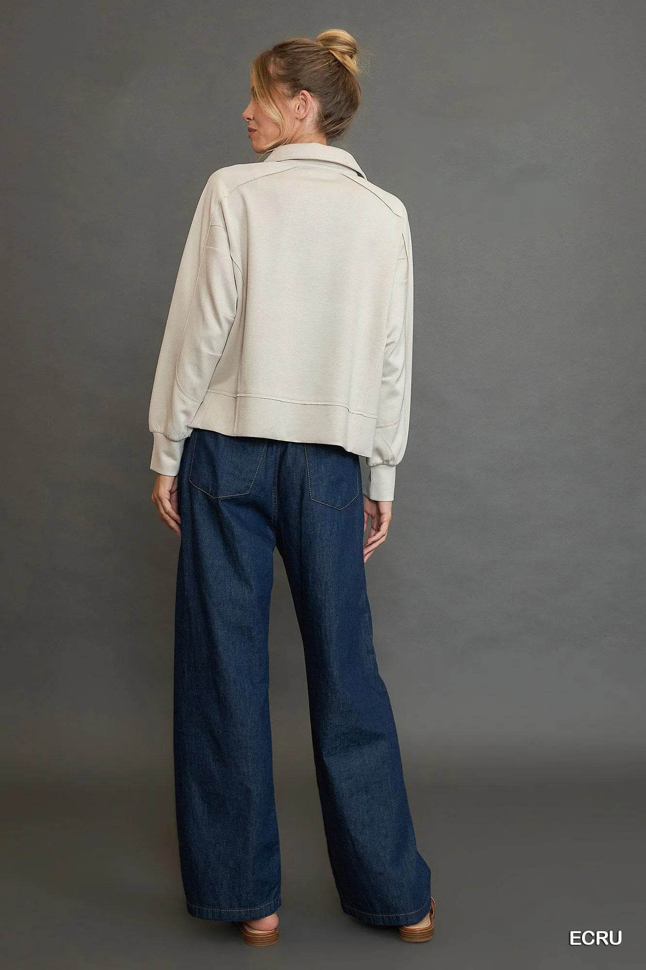 Umgee Collared Neck Long Sleeve Top with Raw Hem Detail - Veloro
