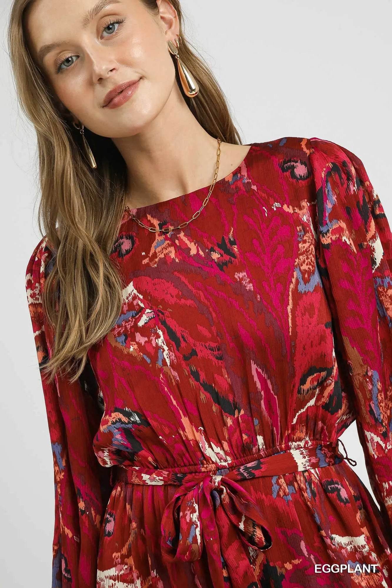 Umgee Ruffled Hem Printed Balloon Sleeve Dress - Veloro