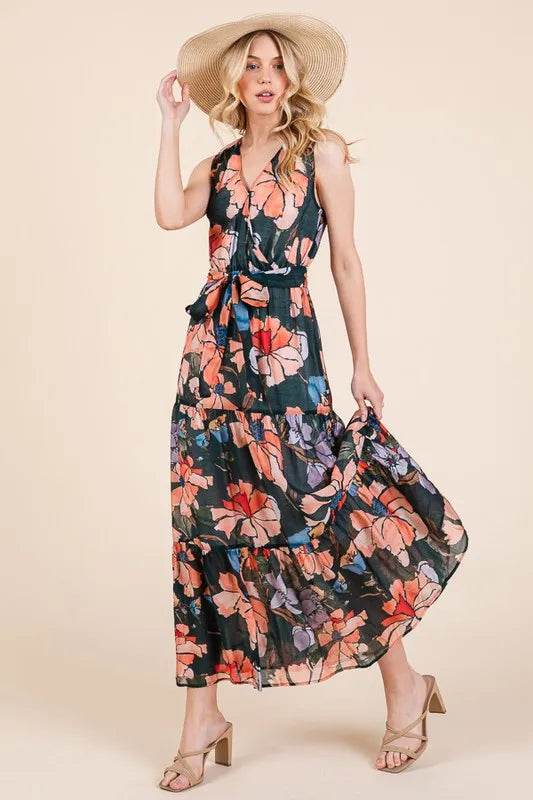 Lime 'N' Chili Floral Print Sleeveless Tie Waist Maxi Dress - Veloro