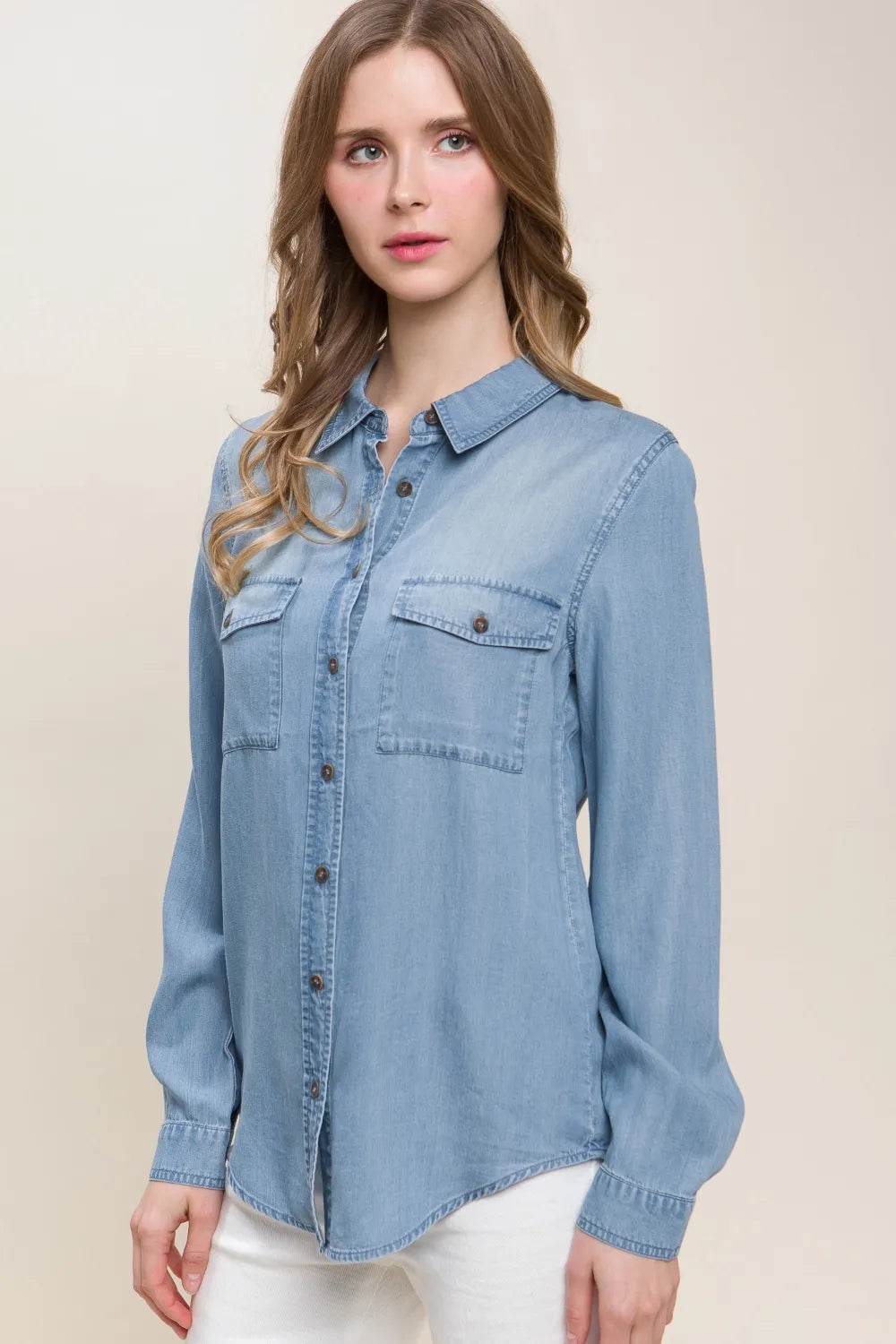 Love Tree Scooped Hem Button Up Denim Shirt - Veloro