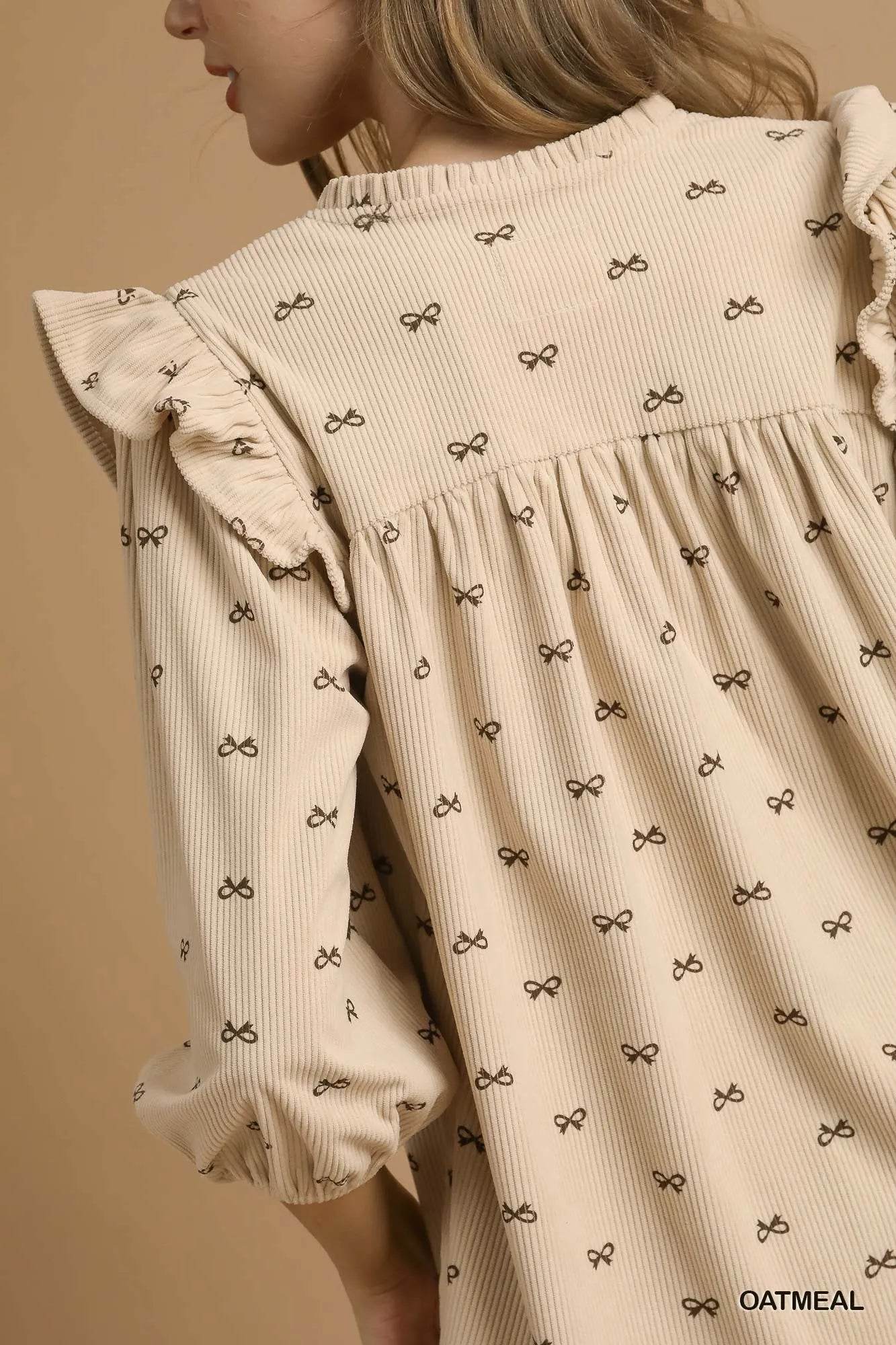 Umgee Bow Print Corduroy Puff Sleeve Blouse with Ruffled - Veloro