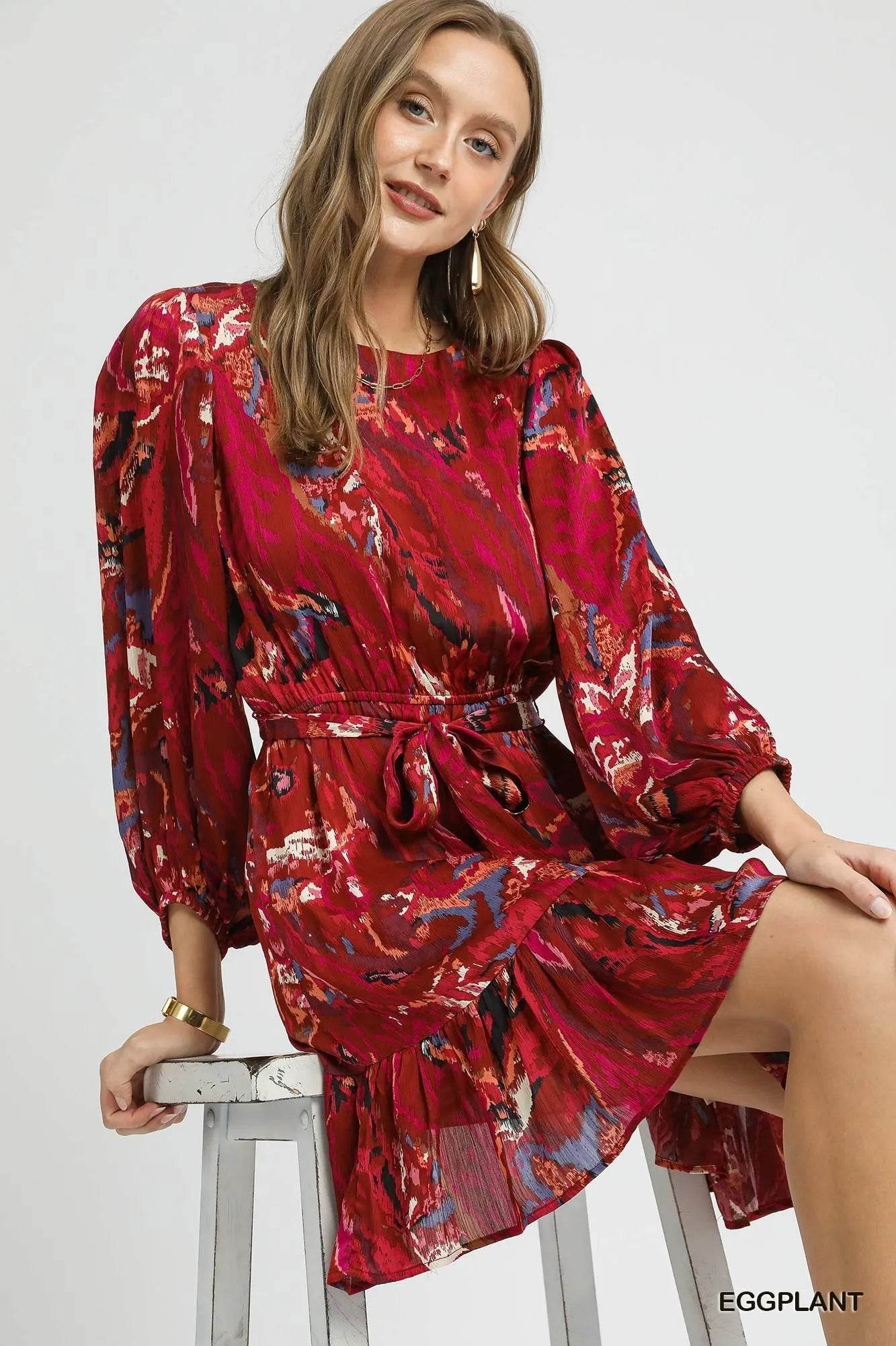 Umgee Ruffled Hem Printed Balloon Sleeve Dress - Veloro