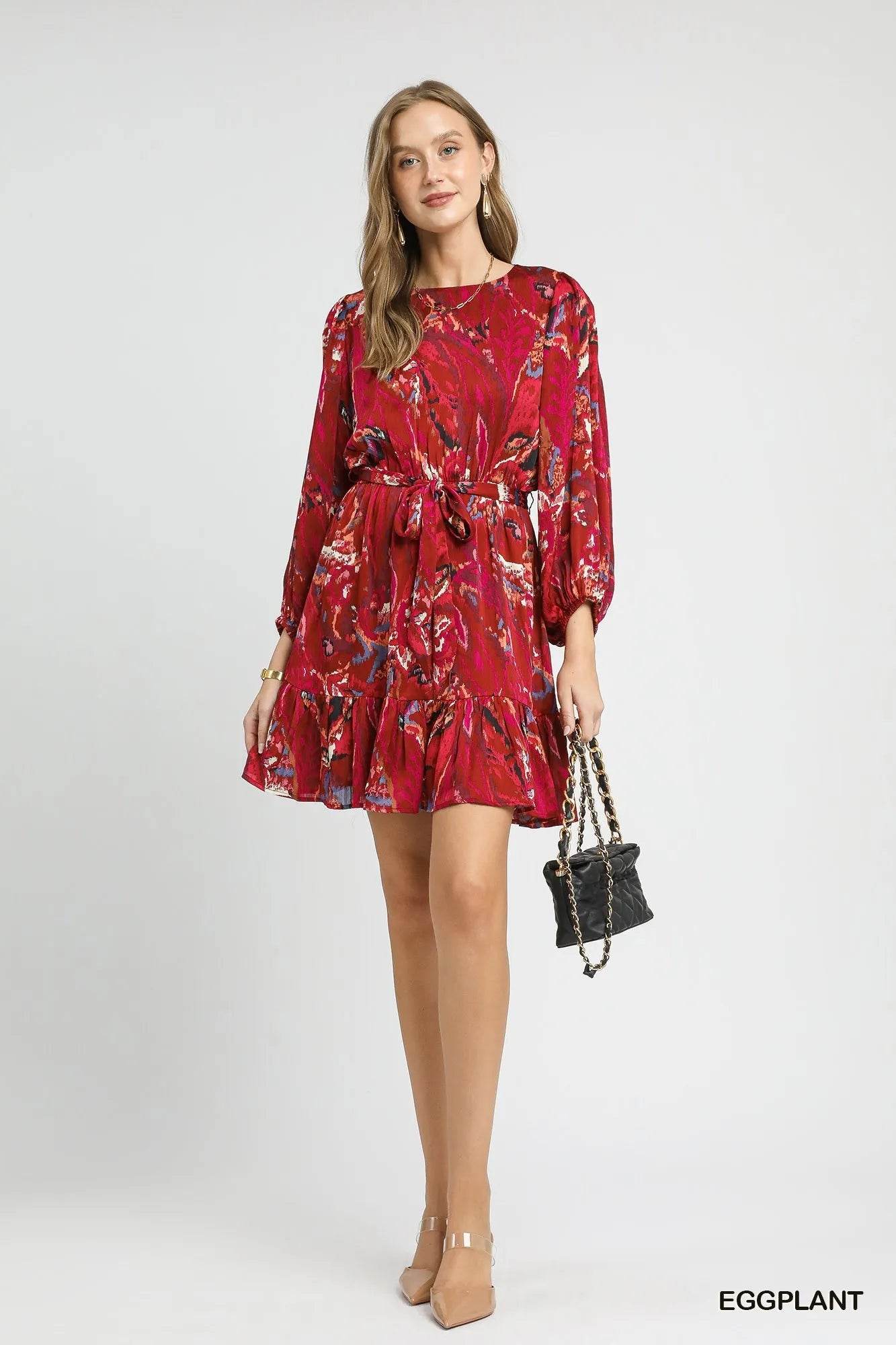 Umgee Ruffled Hem Printed Balloon Sleeve Dress - Veloro