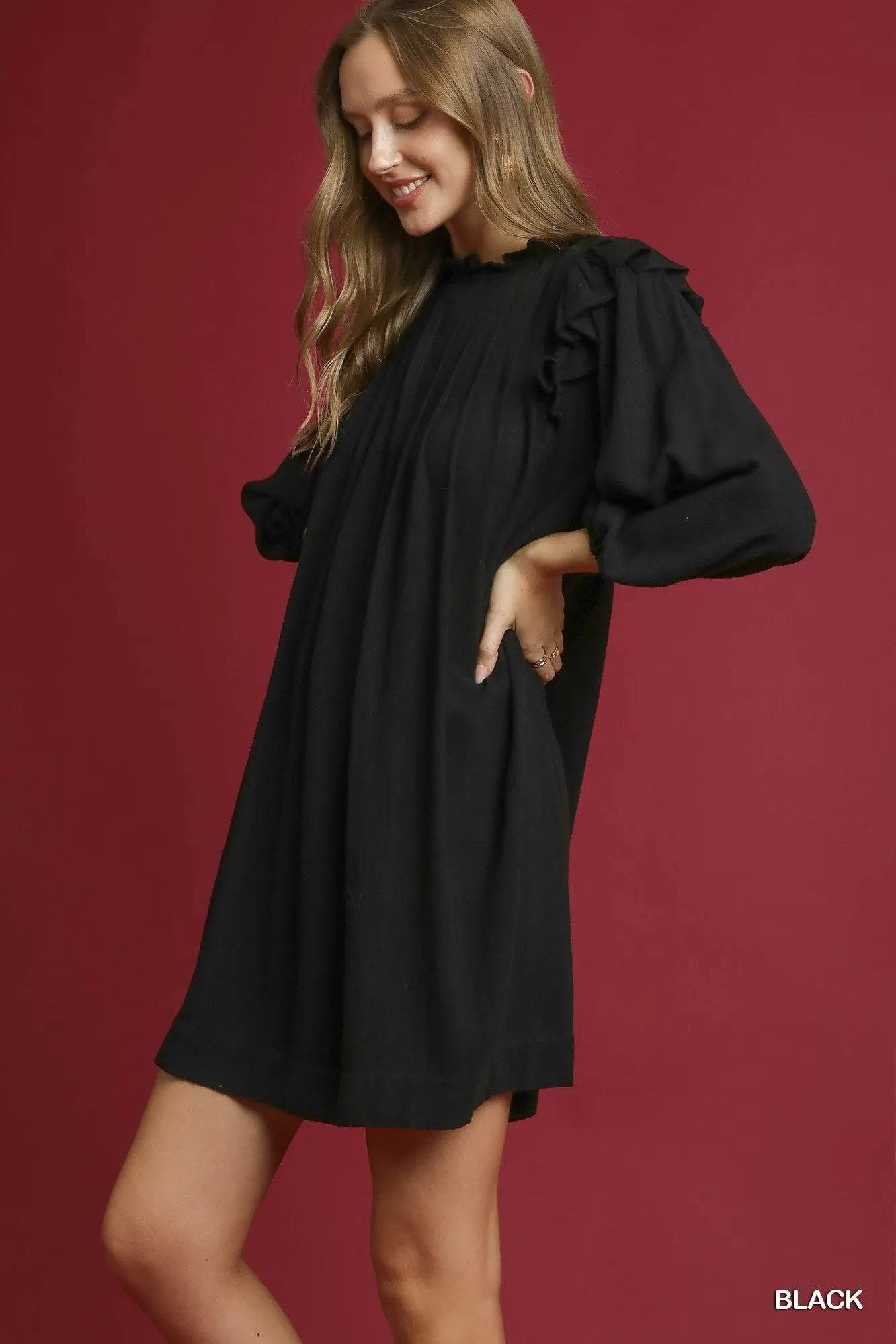 Umgee Linen Ruffle Shoulder Pleated Babydoll Dress - Veloro