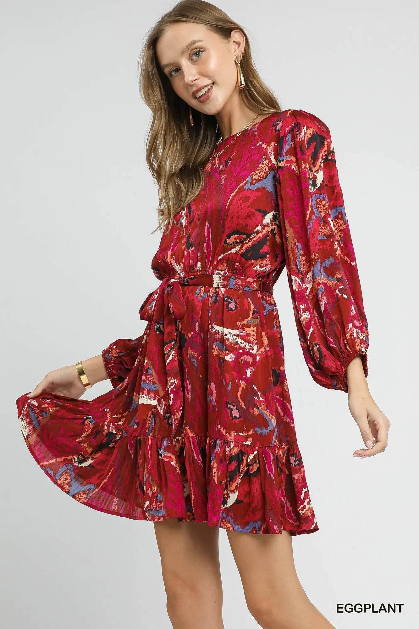 Umgee Ruffled Hem Printed Balloon Sleeve Dress - Veloro