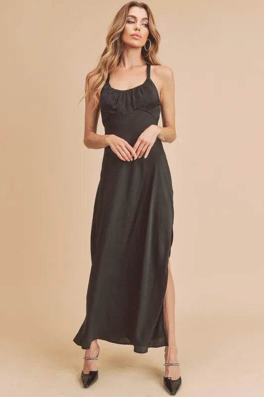 Aemi + Co Ruched Side Slit Cutout Back Maxi Cami Dress - Veloro