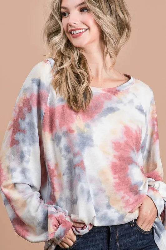 BiBi Tie Dye Print Terry Top With Puff Sleeves - Veloro