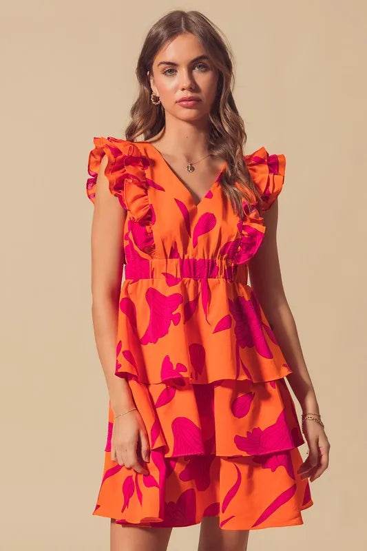 SO ME Floral V Neck Layered Dress with Elasticized Waist - Veloro
