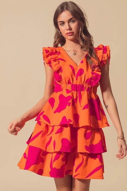 SO ME Floral V Neck Layered Dress with Elasticized Waist - Veloro