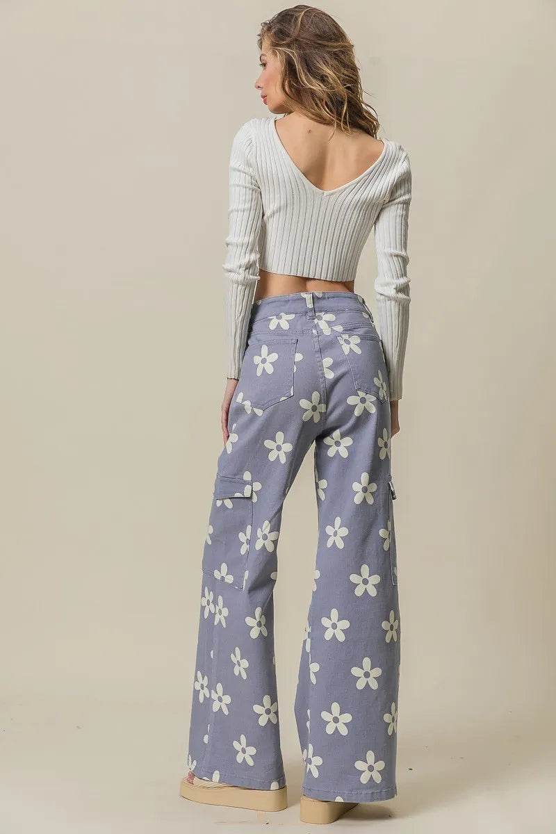 BiBi Flower Printed Side Pocket Wide Pants - Veloro