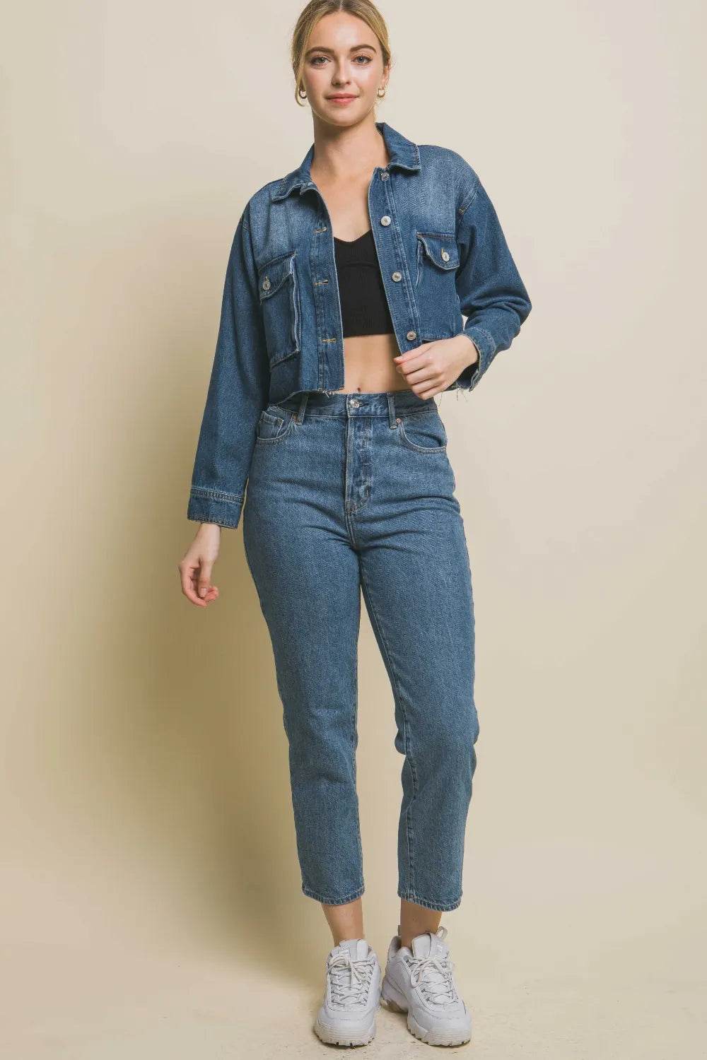 Love Tree Raw Hem Button Up Cropped Denim Jacket - Veloro