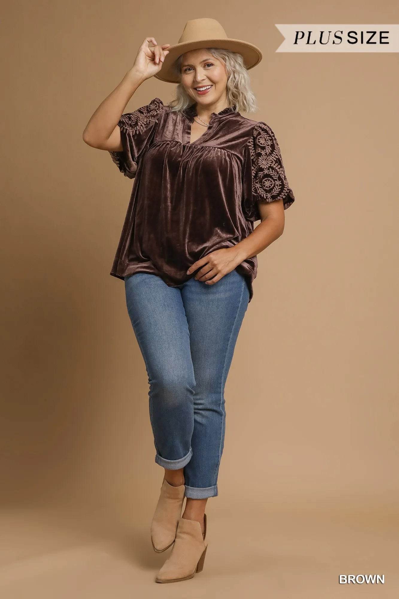 Umgee Full Size Velvet Embroidered Sleeve Blouse Plus Size - Veloro