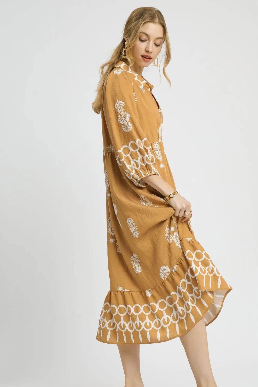 Umgee Ruffled Hem Printed Johnny Collar Midi Dress - Veloro