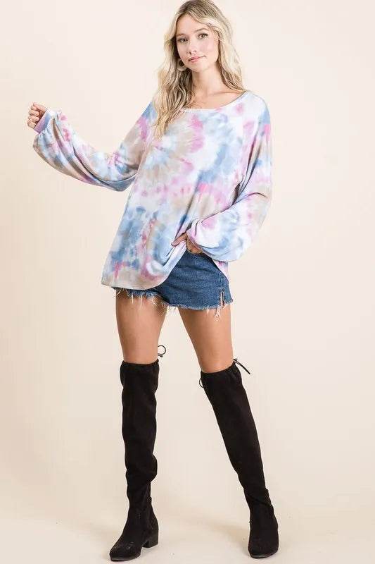 BiBi Tie Dye Print Terry Top With Puff Sleeves - Veloro