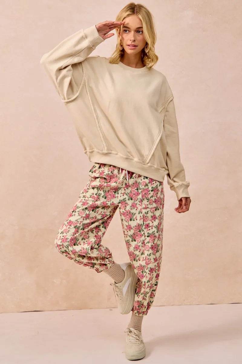 BiBi Floral Printed Twill Drawstring Pants With Elastic Band - Veloro