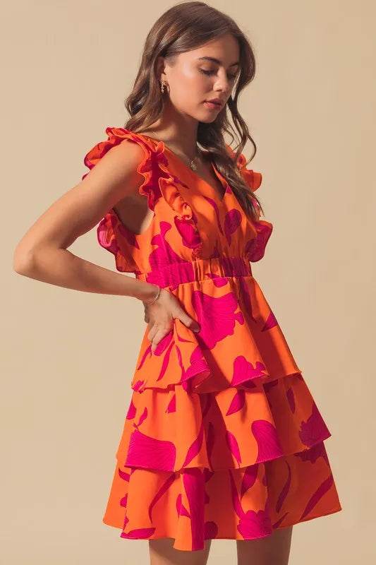 SO ME Floral V Neck Layered Dress with Elasticized Waist - Veloro