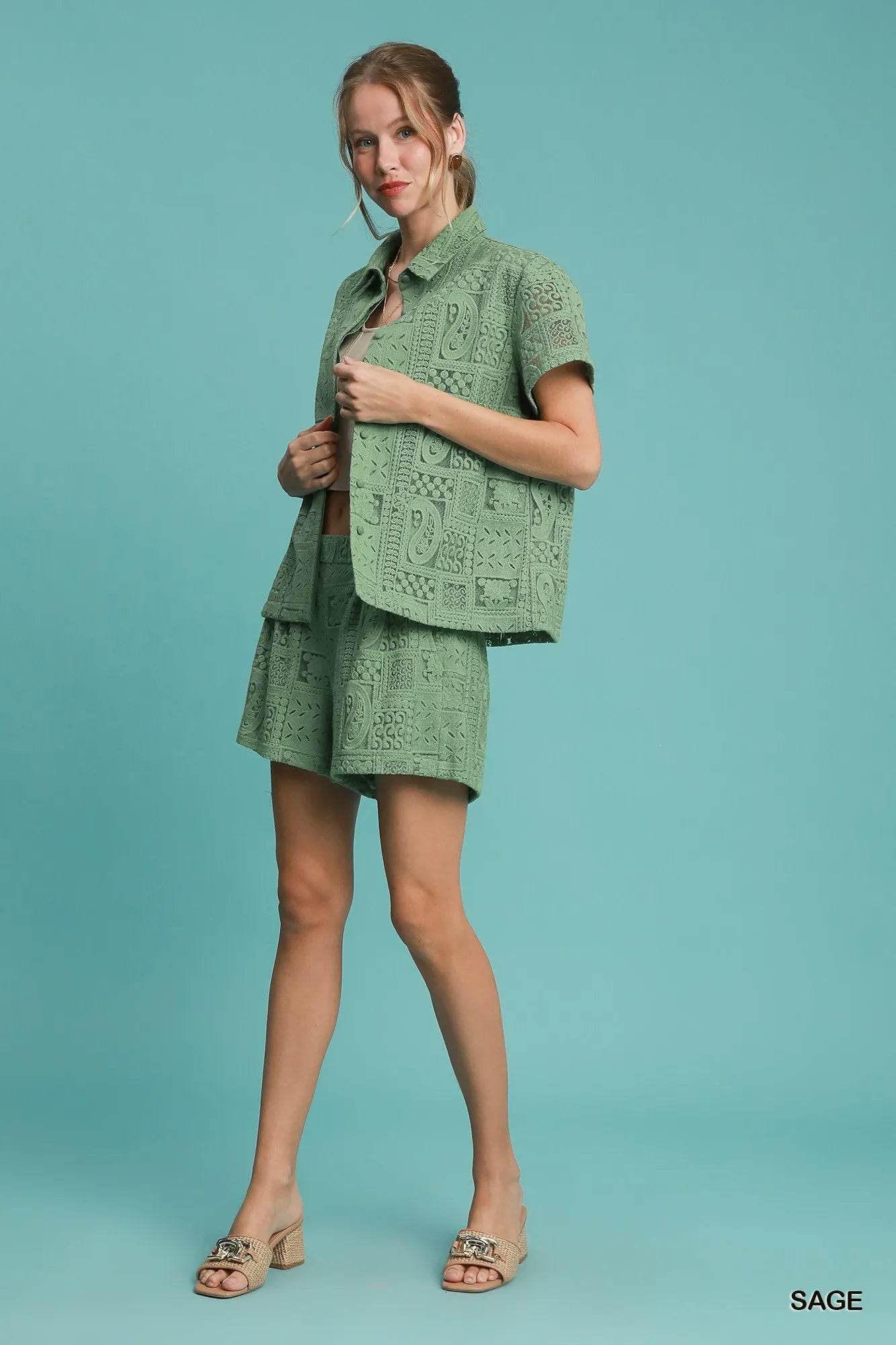 Umgee Patch Lace Short Sleeve Button Down Shirt - Veloro