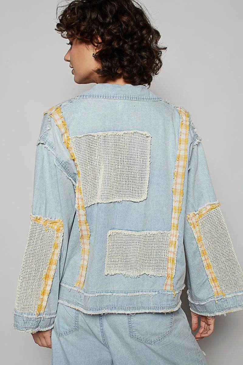 POL Raw Hem Zip Up Denim Jacket with Plaid and Crochet Patch - Veloro