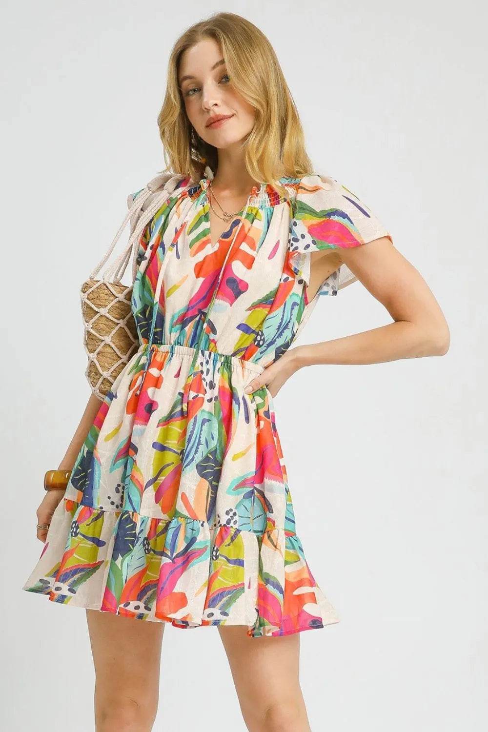 Umgee Printed Tie Neck Ruffled Hem Dress - Veloro