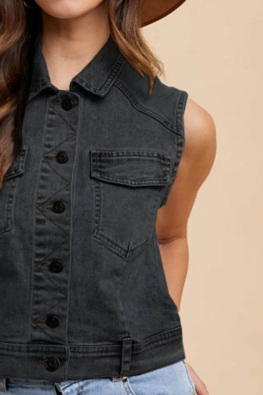 Annie Wear Collared Neck Button Down Denim Vest - Veloro