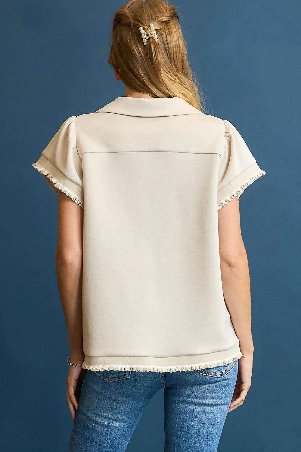 Umgee Frill Hem Half-Zip Collared Blouse - Veloro