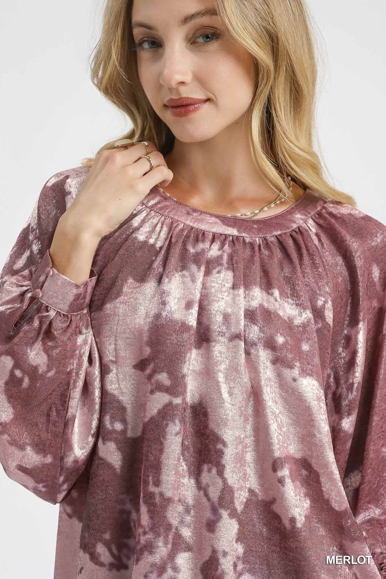 Umgee Metallic Fabric Blouse with Balloon Sleeves - Veloro