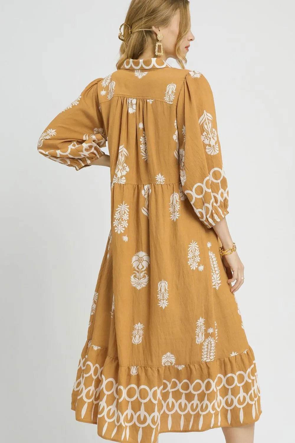 Umgee Ruffled Hem Printed Johnny Collar Midi Dress - Veloro