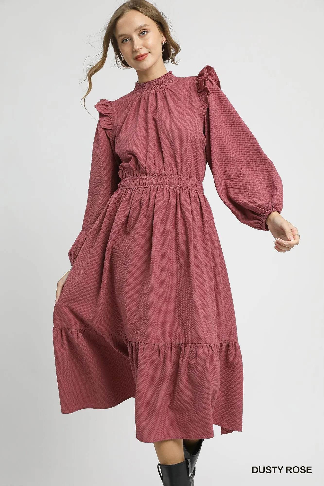 Umgee Textured Midi Dress with Ruffle Shoulder Detail - Veloro