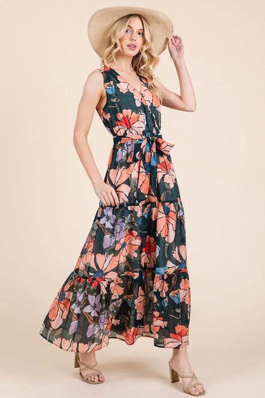 Lime 'N' Chili Floral Print Sleeveless Tie Waist Maxi Dress - Veloro