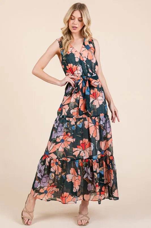 Lime 'N' Chili Floral Print Sleeveless Tie Waist Maxi Dress - Veloro
