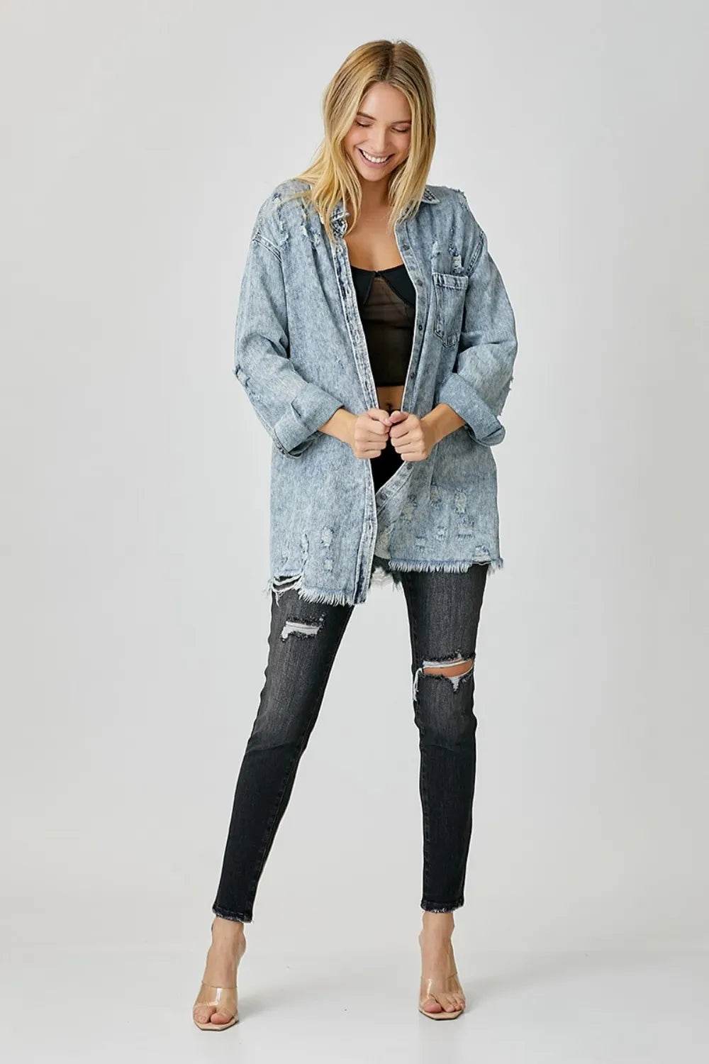 RISEN Distressed Raw Hem Denim Shirt - Veloro