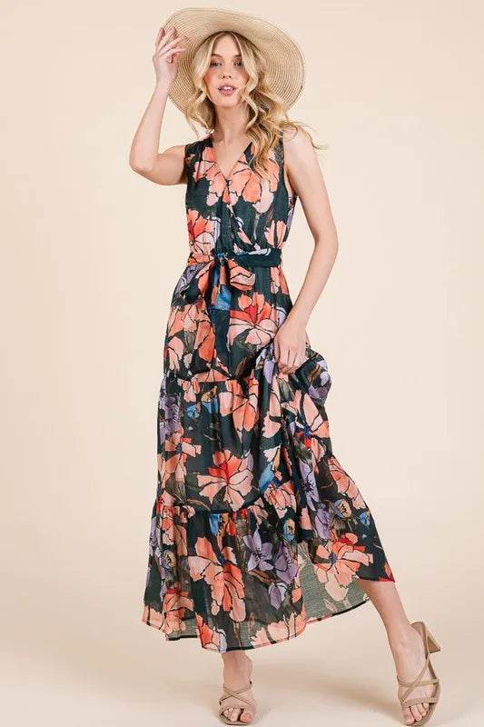 Lime 'N' Chili Floral Print Sleeveless Tie Waist Maxi Dress - Veloro