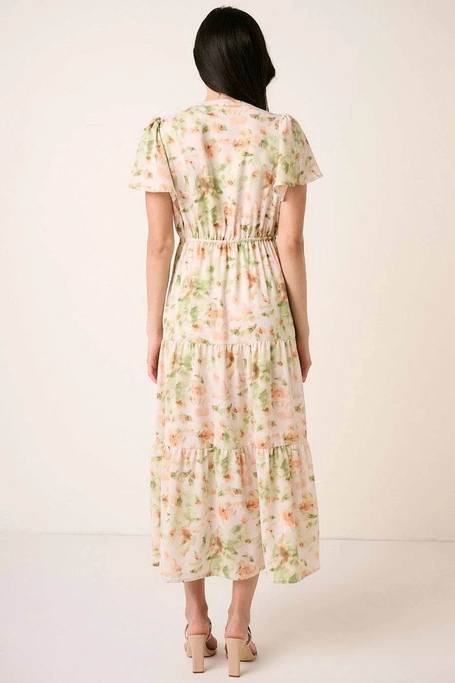 Mittoshop Flower Print Flutter Sleeve V Slit Maxi Dress - Veloro