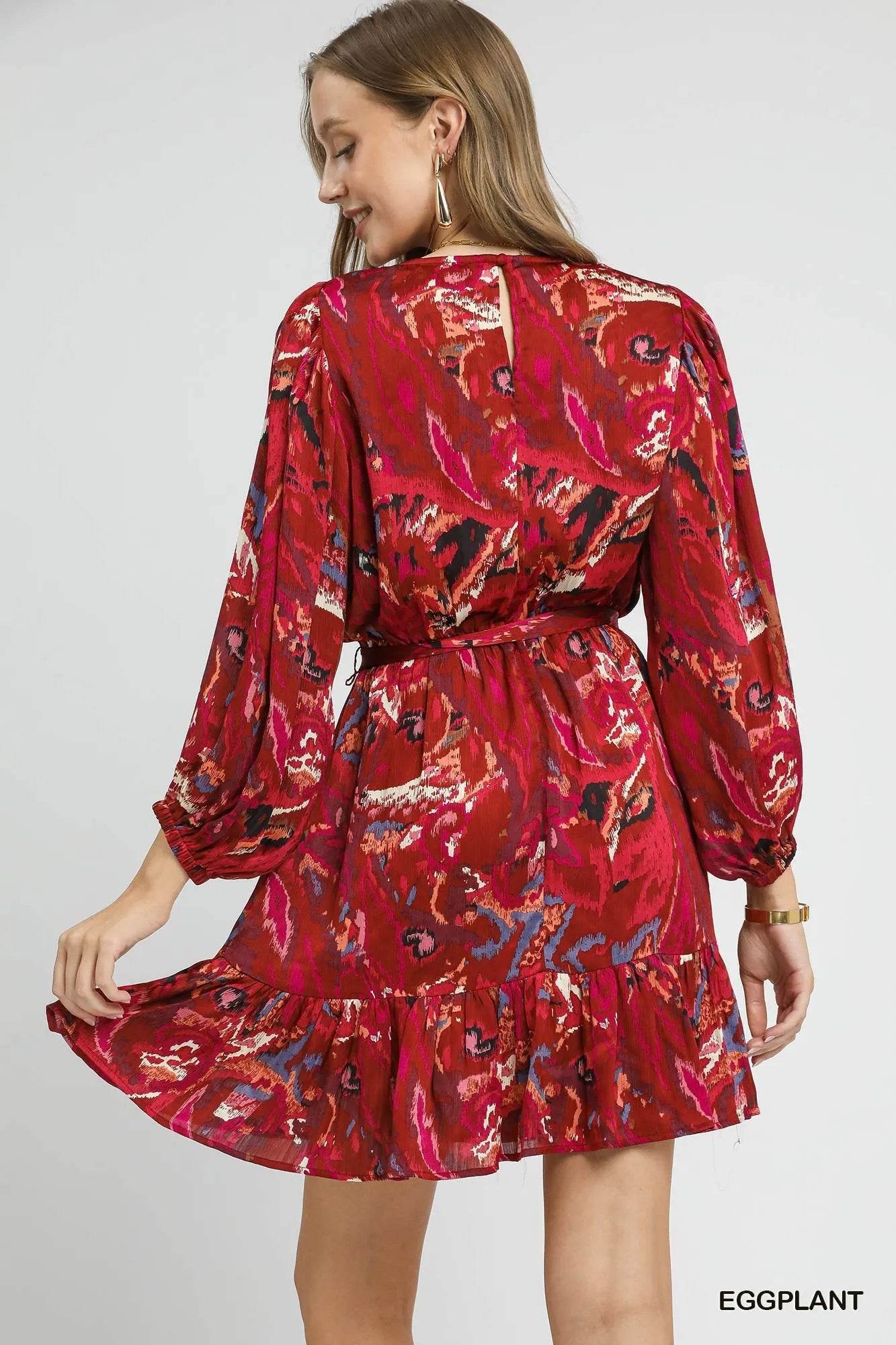 Umgee Ruffled Hem Printed Balloon Sleeve Dress - Veloro