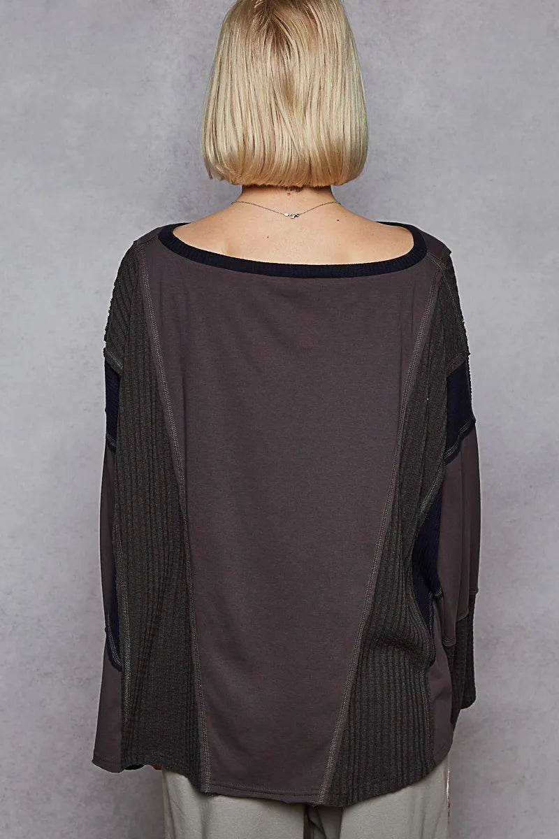 POL Contrast Round Neck Long Sleeve T-Shirt - Veloro