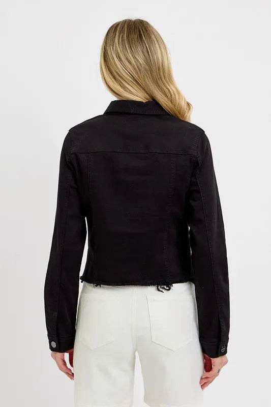 RISEN Full Size Irregular Fray Hem Button Up Denim Jacket Plus Size - Veloro