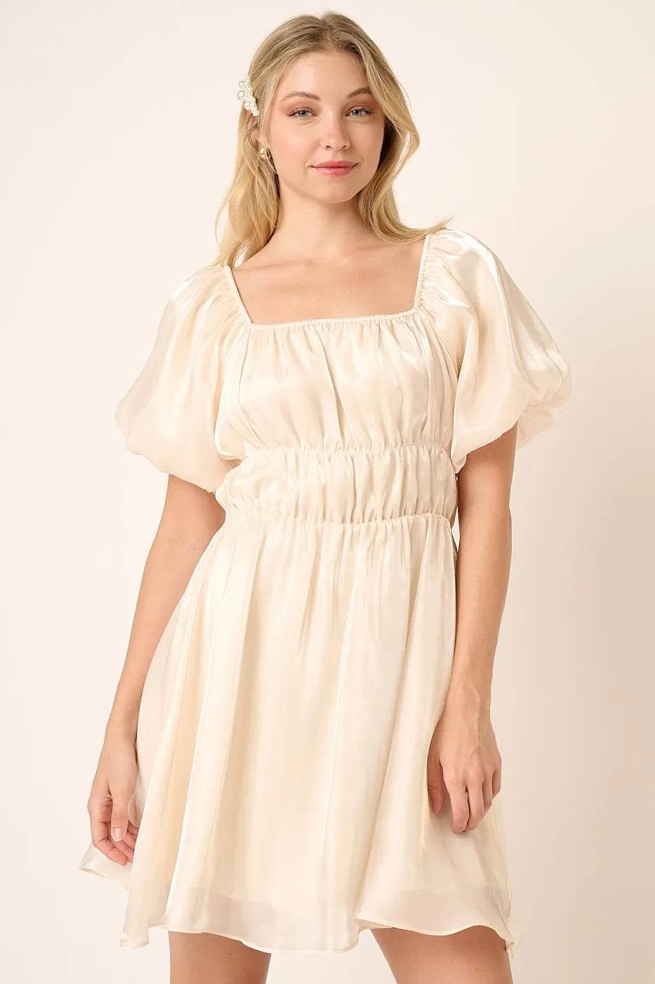 Mittoshop Metallic Organza Fabric Balloon Sleeve Mini Dress - Veloro