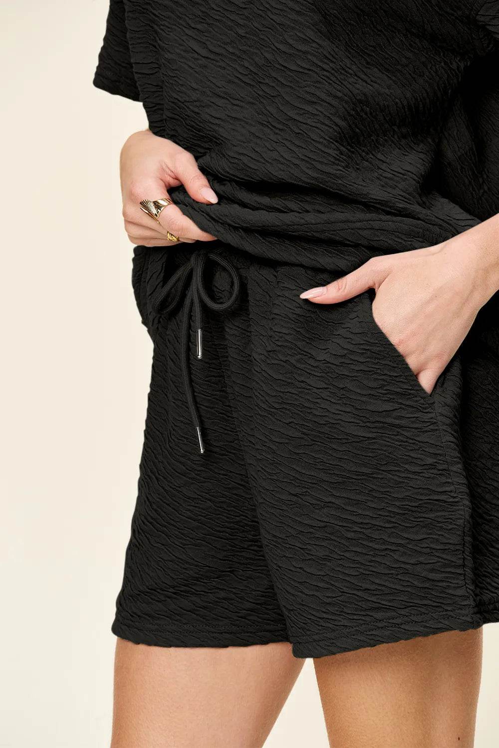 Double Take Full Size Texture Short Sleeve T-Shirt and Drawstring Shorts Set - Veloro