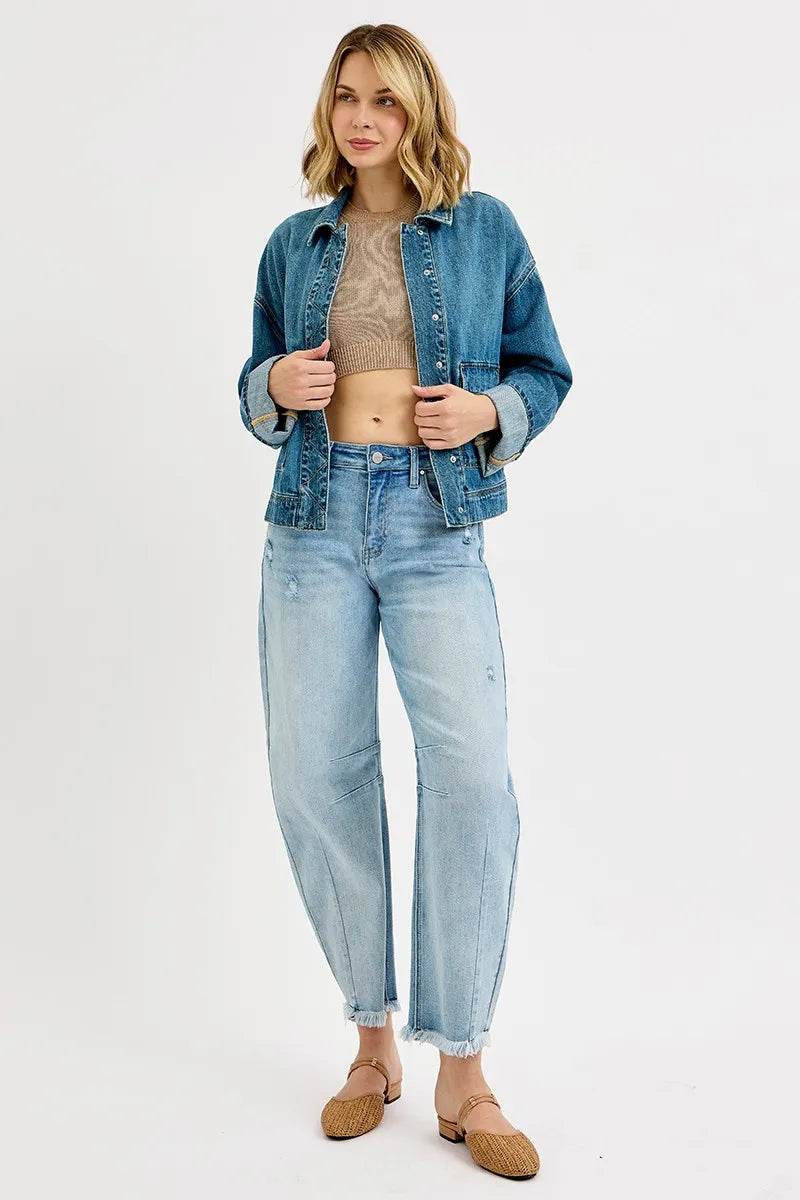 RISEN Oversized Cargo Pocket Denim Jacket with Cuffed Sleeves - Veloro