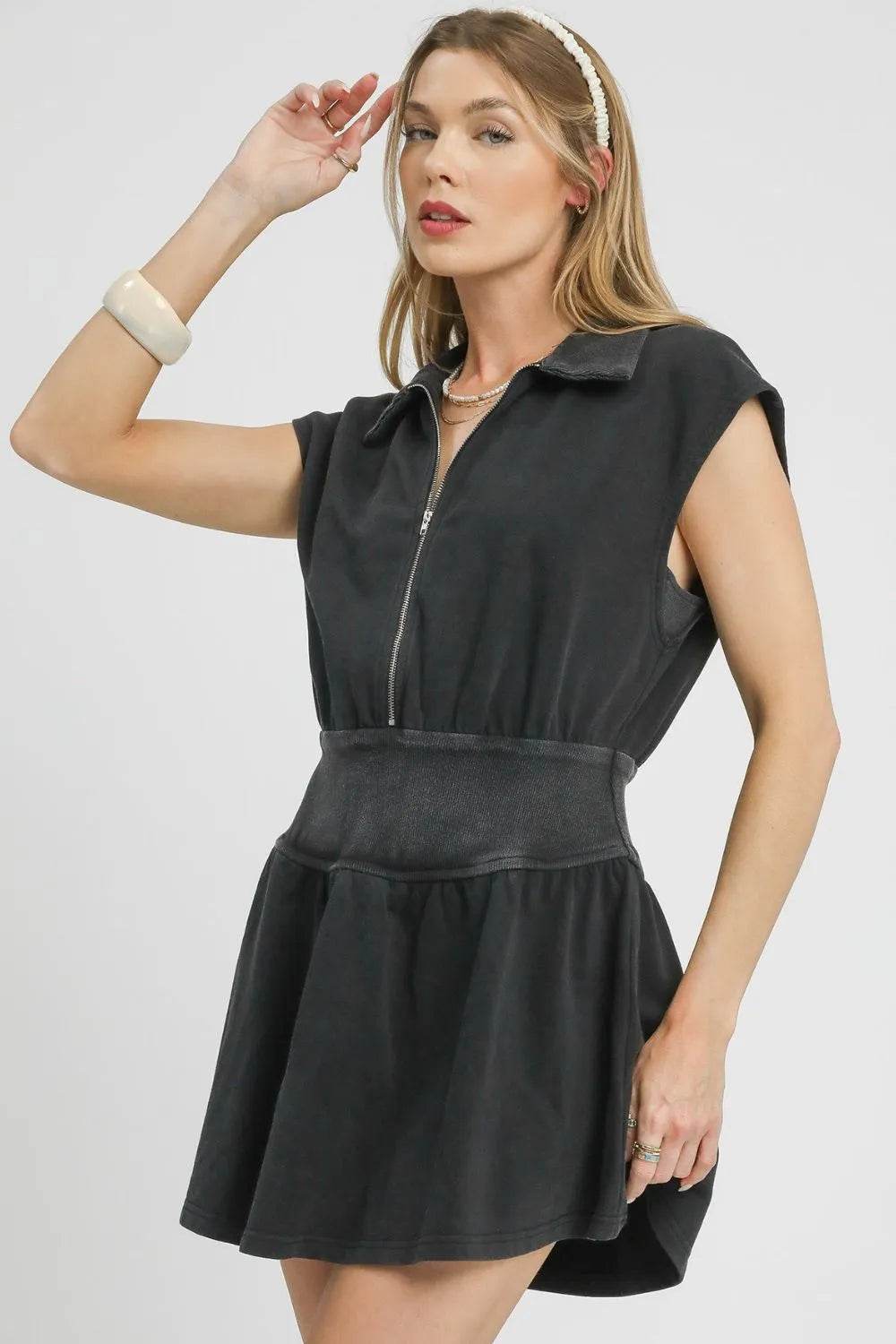Umgee Zip Front Cap Sleeve Mini Dress - Veloro
