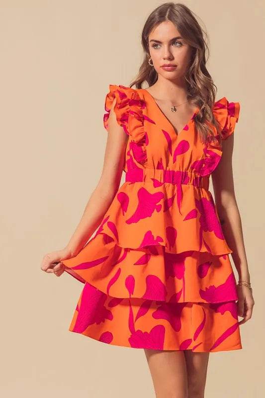SO ME Floral V Neck Layered Dress with Elasticized Waist - Veloro