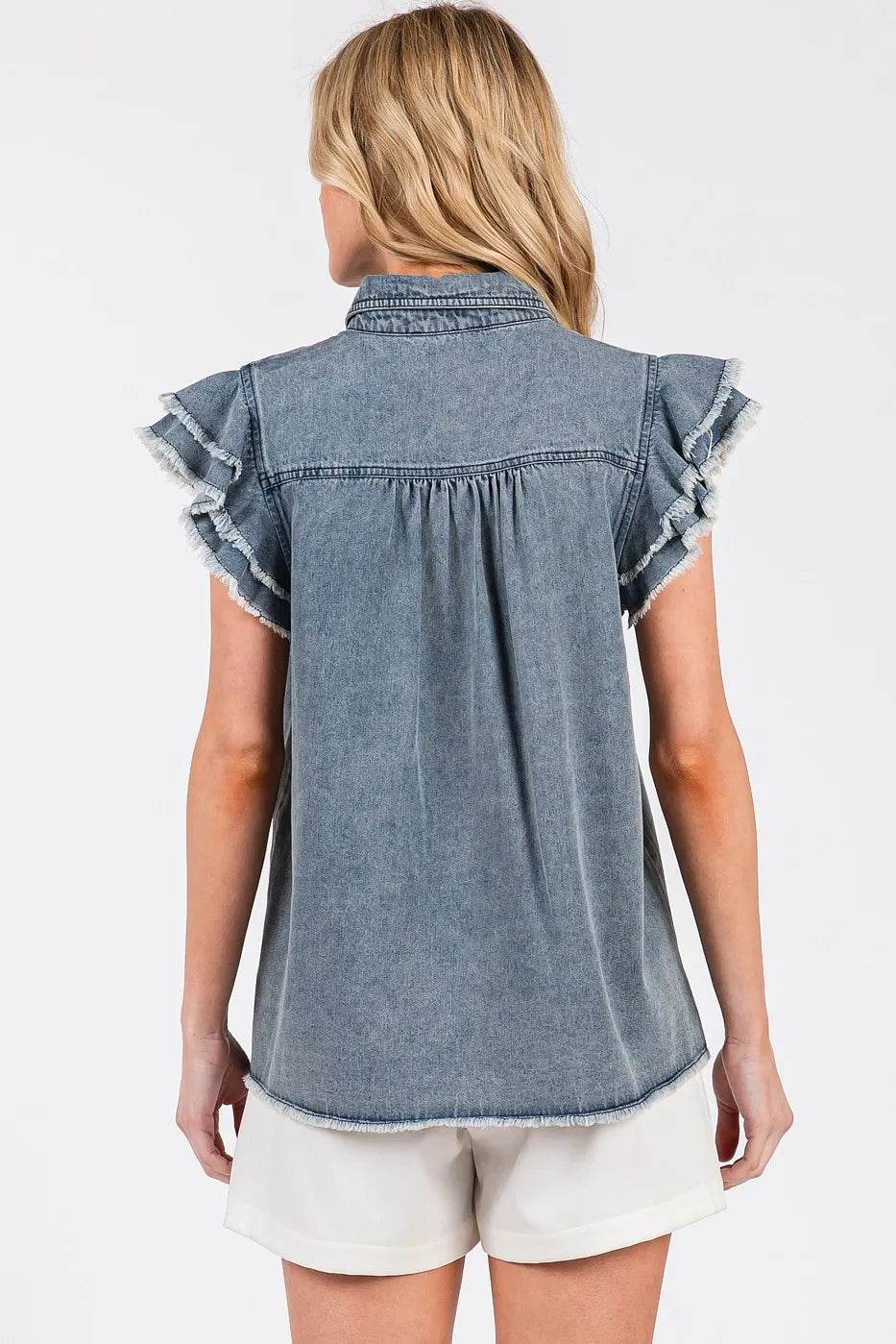 Mittoshop Washed Denim Ruffle Short Sleeve Collared Shirt - Veloro
