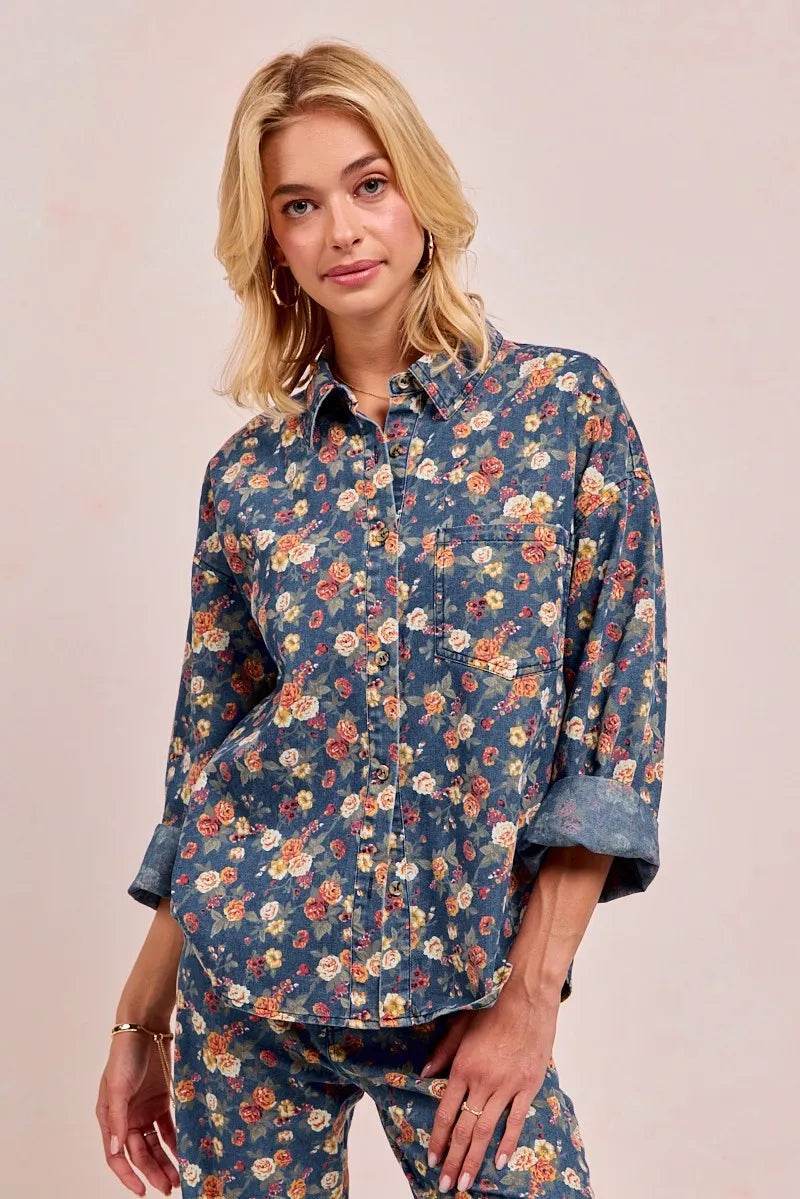 BiBi Washed Floral Print Denim Jacket - Veloro