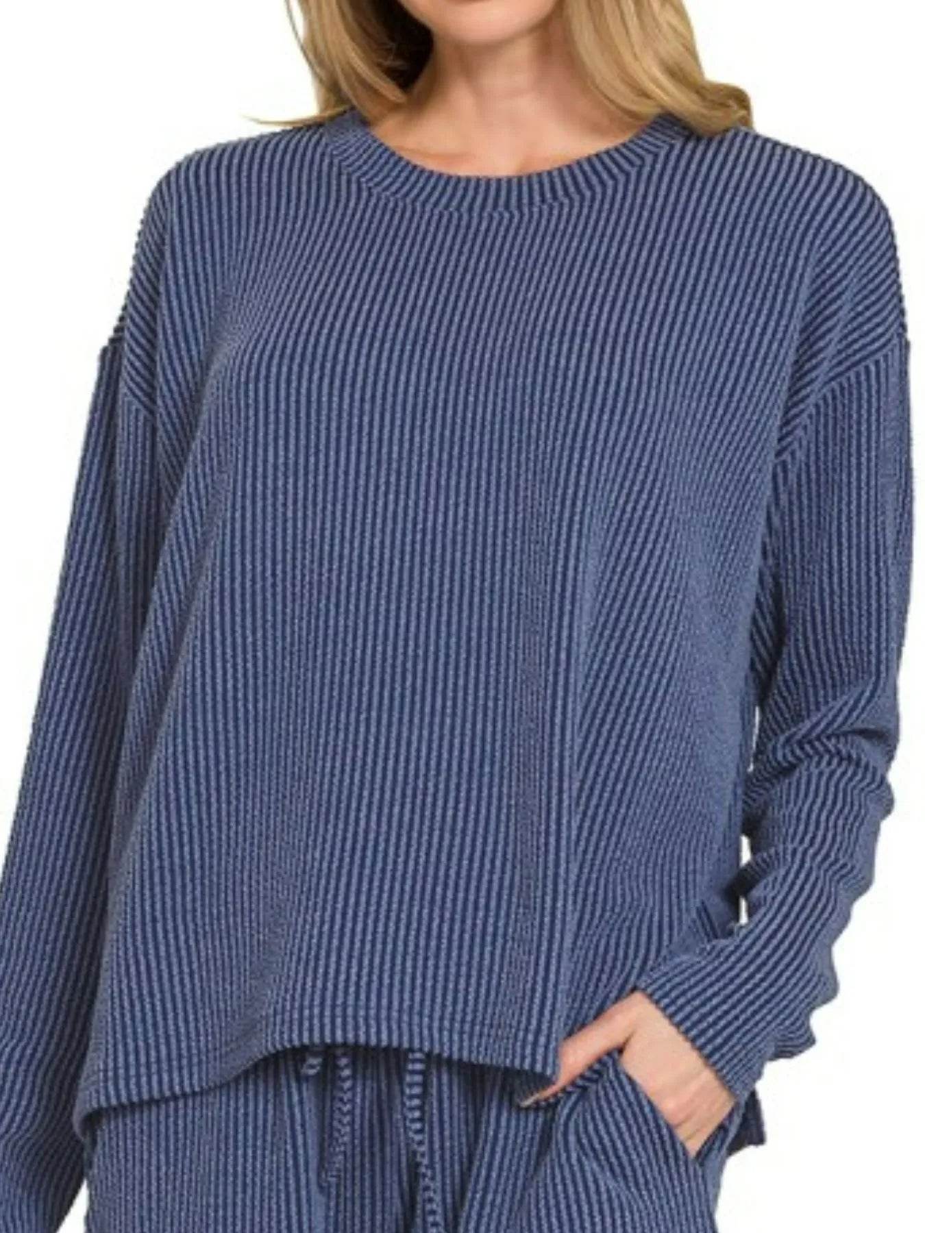 Zenana Corded Rib Long Sleeve Tee and Shorts Set - Veloro