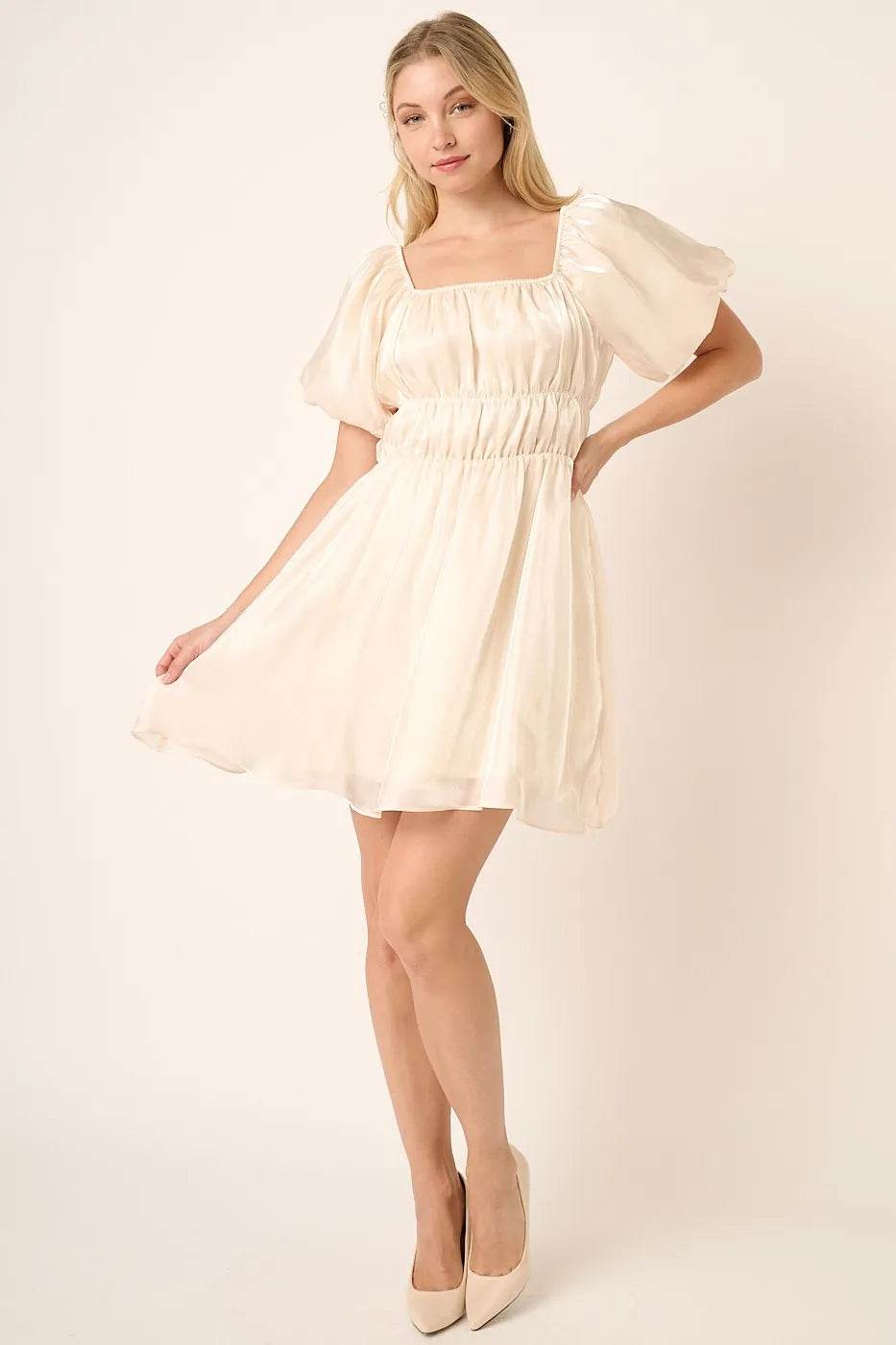 Mittoshop Metallic Organza Fabric Balloon Sleeve Mini Dress - Veloro