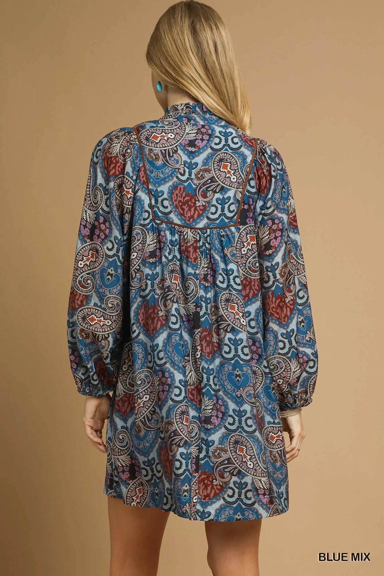 Umgee Boho Mix Paisley Babydoll Dress - Veloro